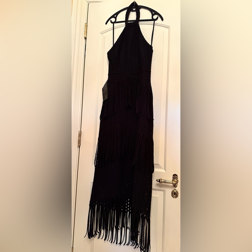 BCBGMaxAzria Black Crochet Fringe Halter Midi Dress - Picture 4 of 6